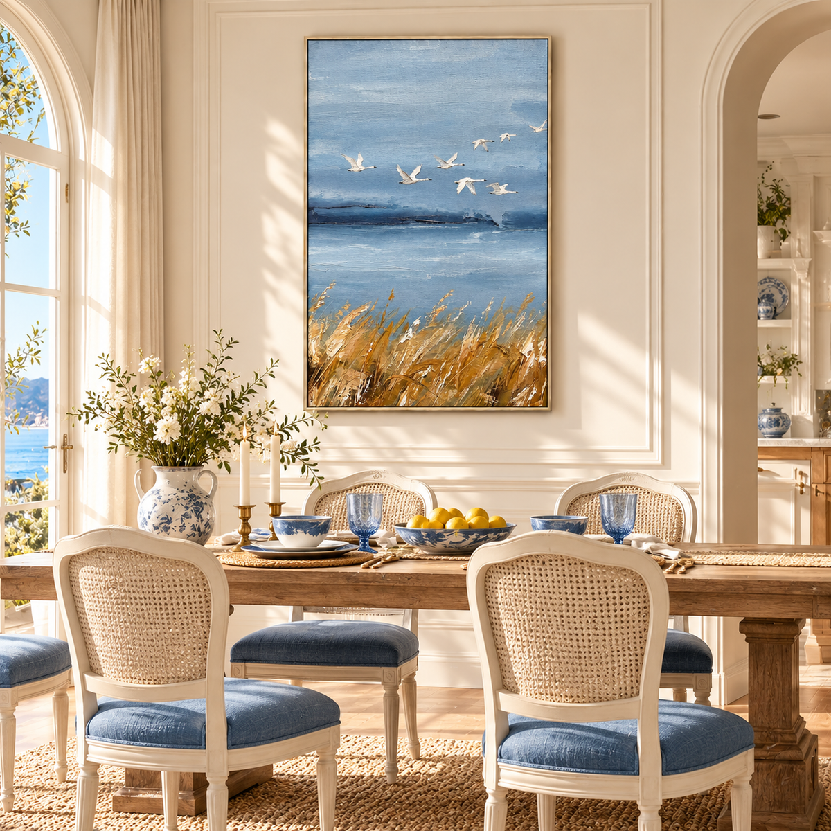 "Wings of Autumn" – Coastal Wild Swans Blue & Gold Textured Acrylic Painting