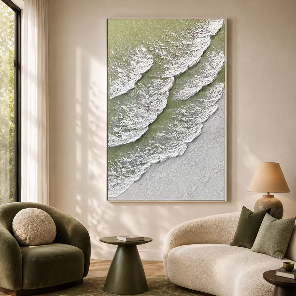 "Romantic Tides"—A Minimalist Coastal Acrylic Painting with Sage Green Textured Waves