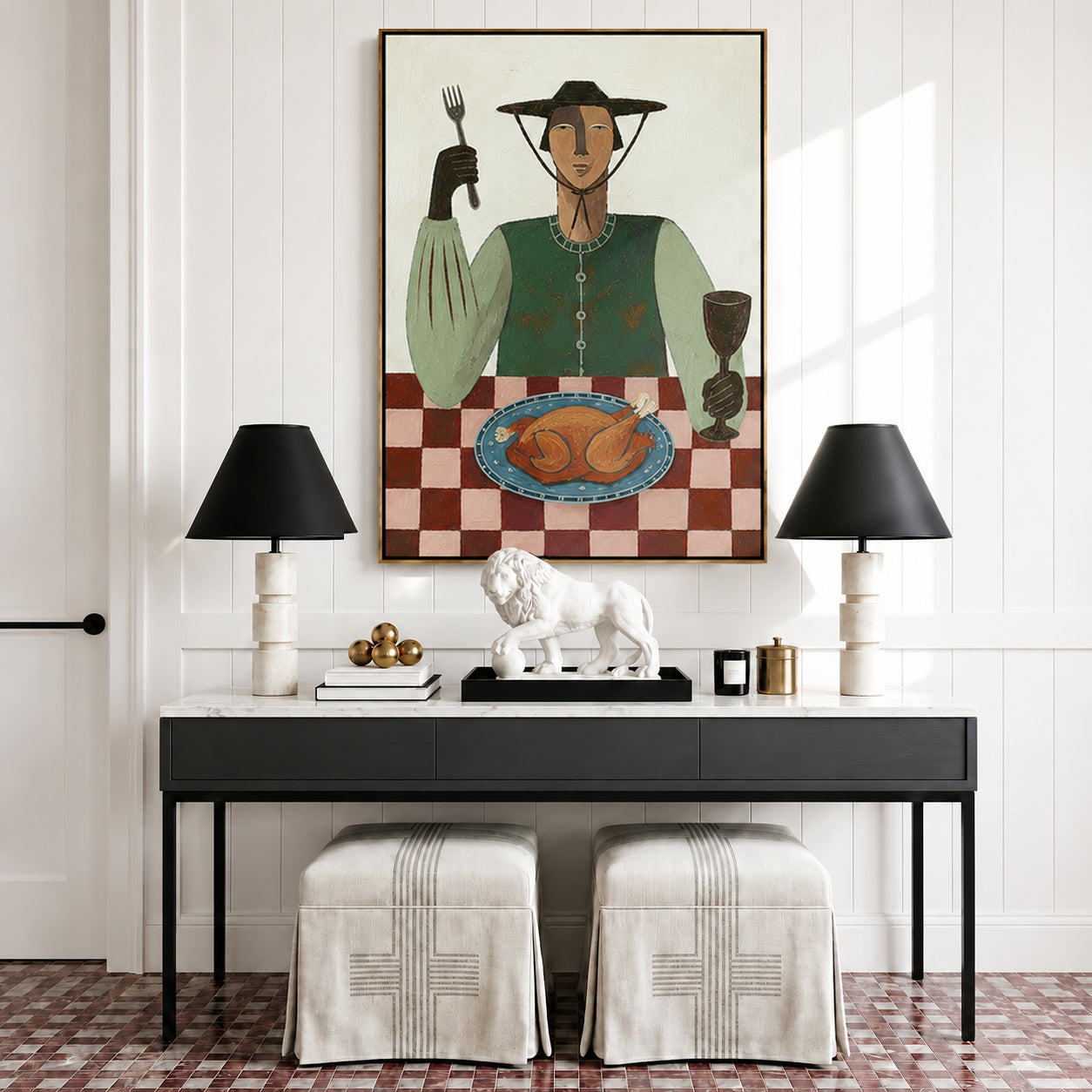 “Feast at Dusk” – Vintage Folk Dining Portrait Oil Painting