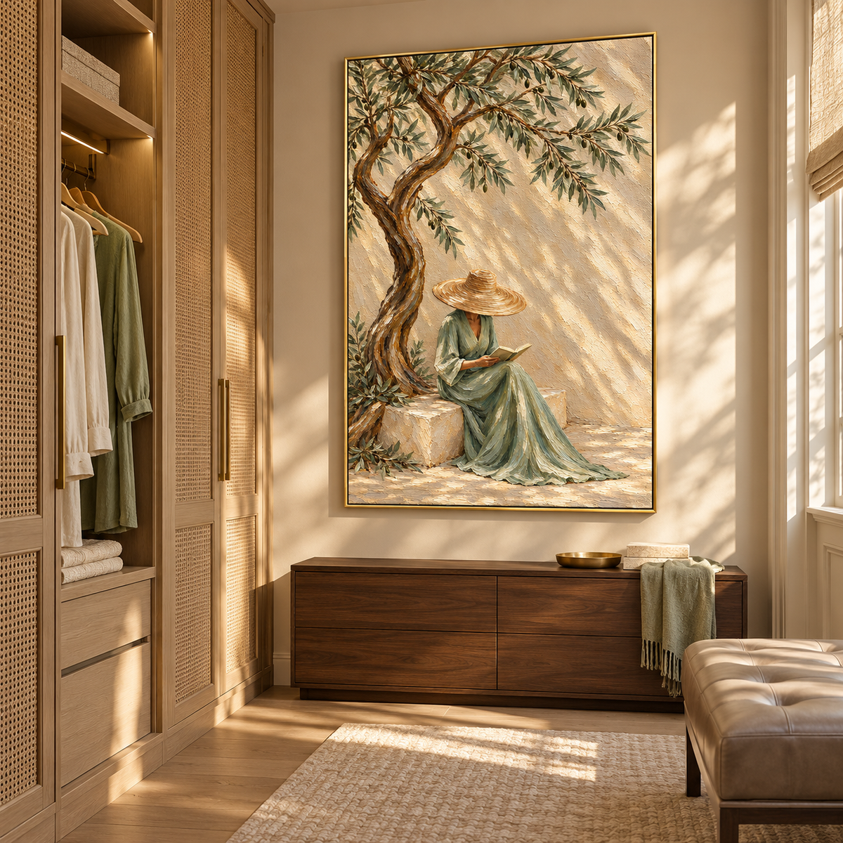 Serenade in Olive Shade" – Mediterranean Wabi-Sabi Sage Green Lady Reading Textured Acrylic Painting