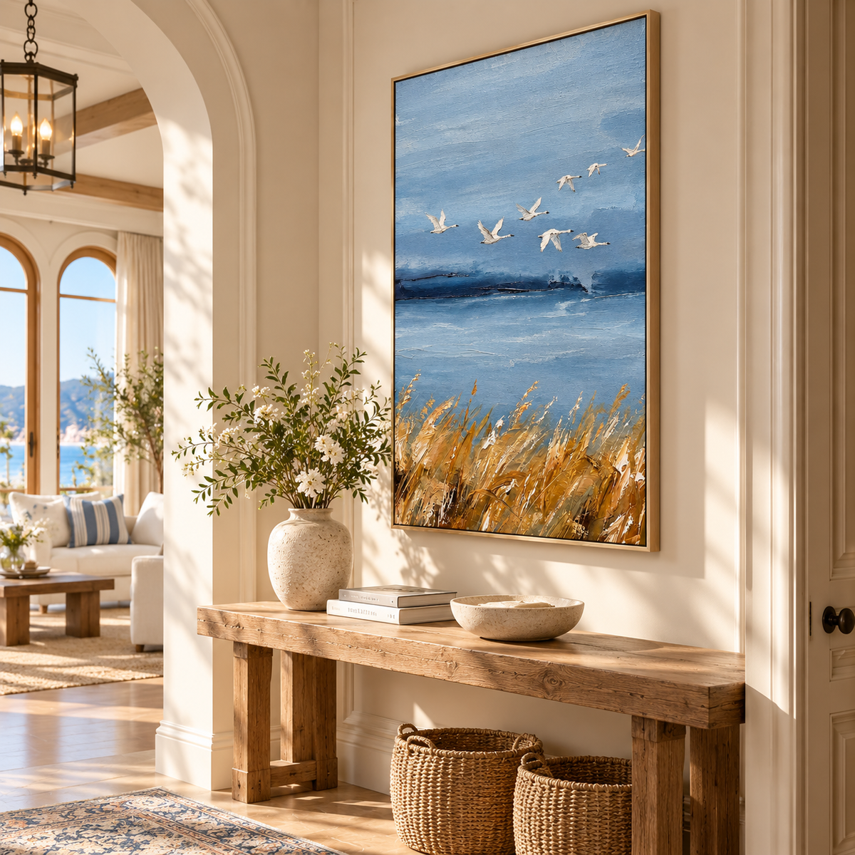 "Wings of Autumn" – Coastal Wild Swans Blue & Gold Textured Acrylic Painting