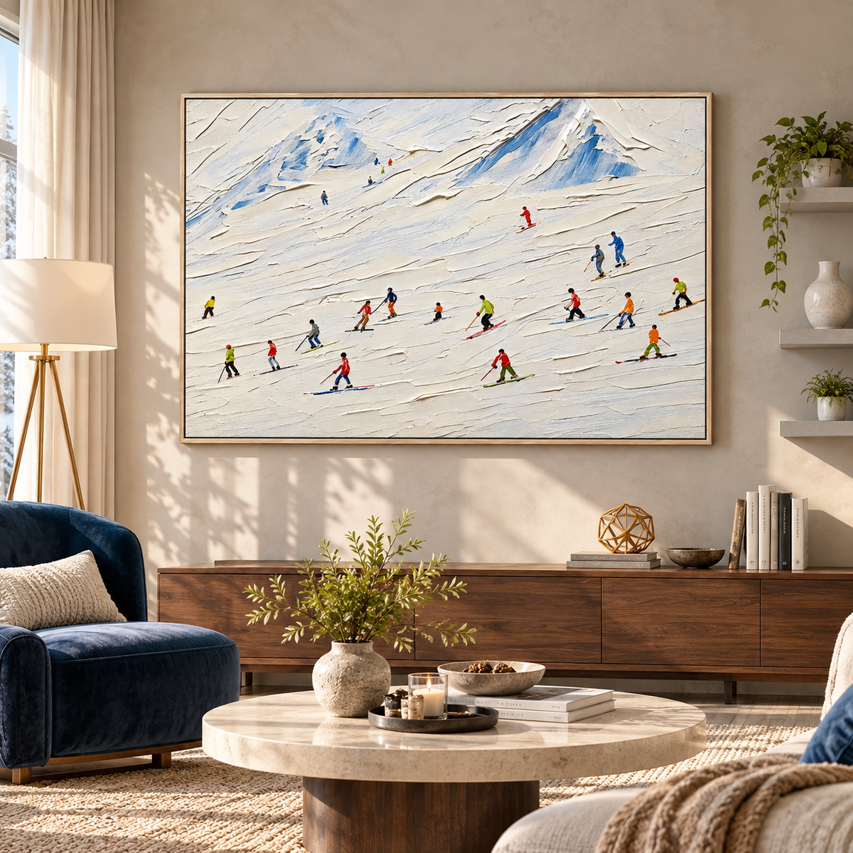 "Alpine Rhythms" – Ski Resort Winter Sports Textured Acrylic Painting