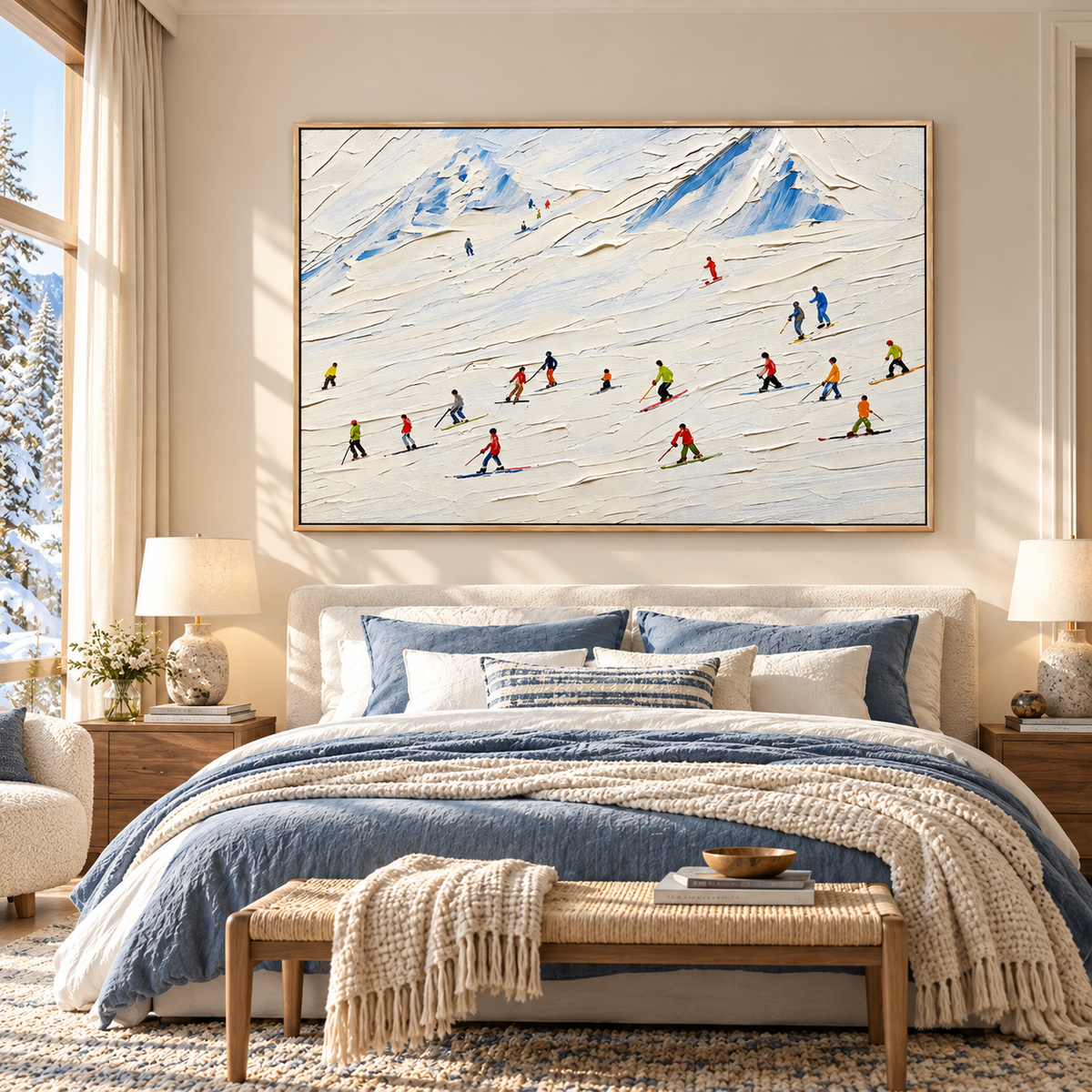 "Alpine Rhythms" – Ski Resort Winter Sports Textured Acrylic Painting