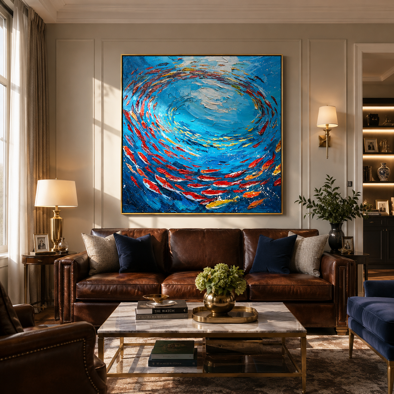 "Circling Abundance" – Blue Fish School Textured Oil Painting