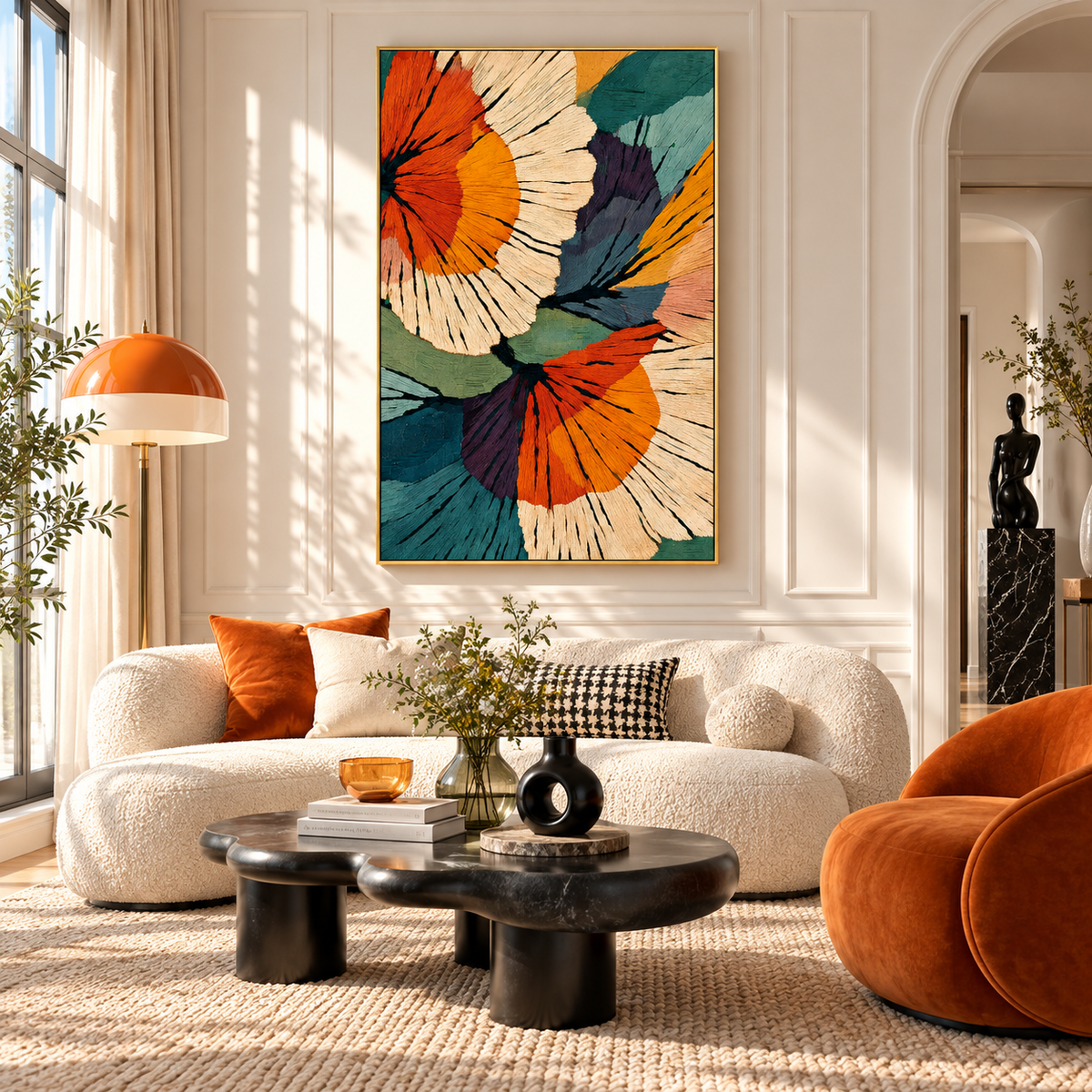 "Solar Bloom" – Modern Botanical Orange & Teal Textured Acrylic Painting