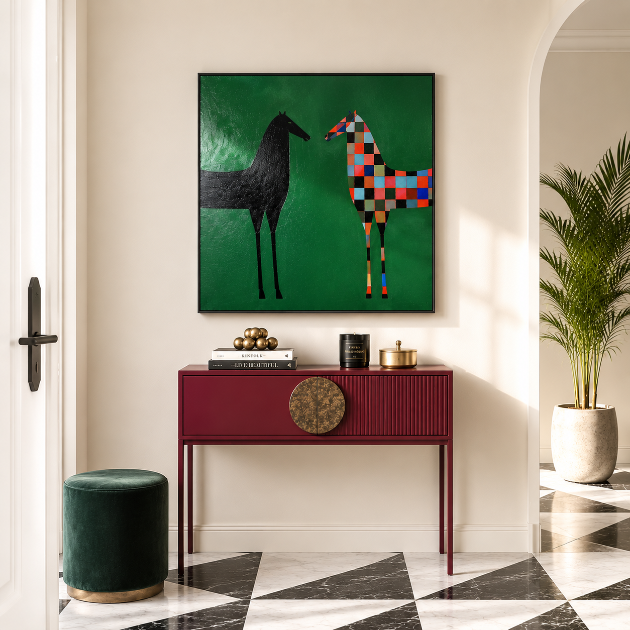 “Colorful Encounter” – Modern Folk Horse Oil Painting