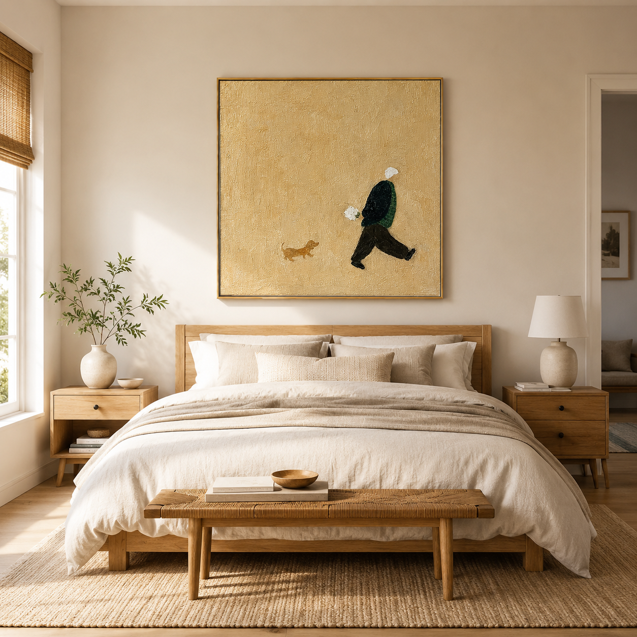 "Afternoon Walk" – Minimalist Figure and Dog Textured Painting