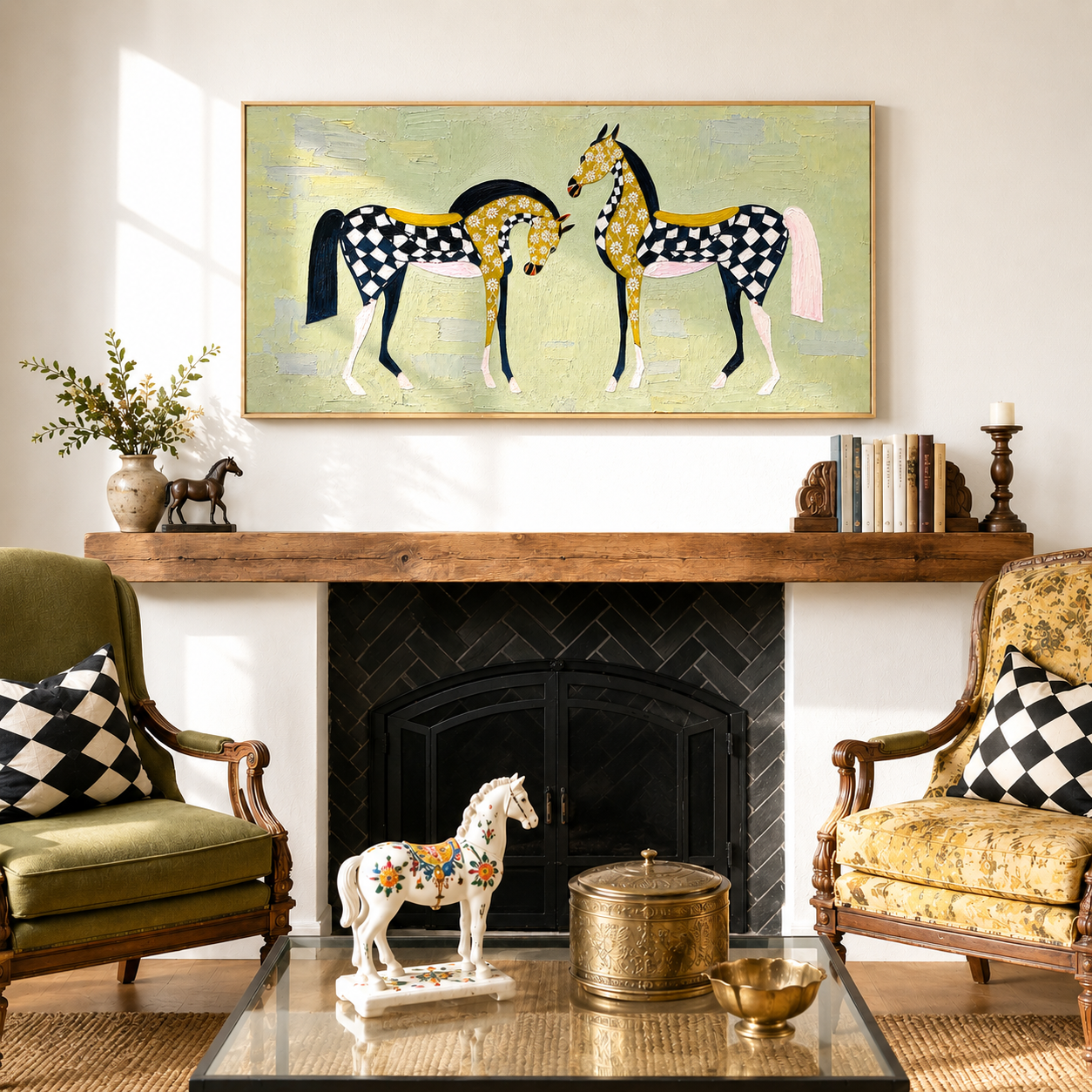 “Checkered Meadow Horses” – Whimsical Folk Horse Impasto Oil Painting