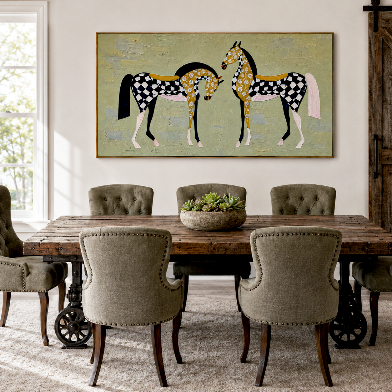 “Checkered Meadow Horses” – Whimsical Folk Horse Impasto Oil Painting