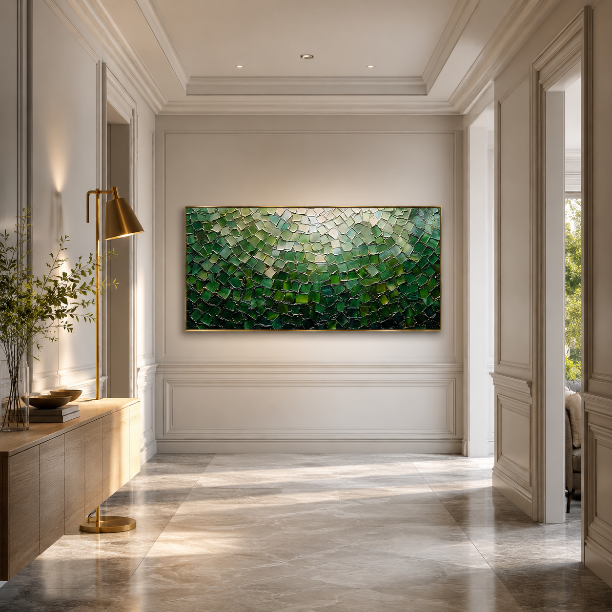 “Emerald Mosaic Light” – Green Abstract Impasto Oil Painting