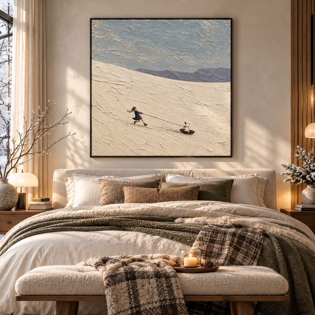 "Winter Companions" – Whimsical Girl & Dog Snow Scene Textured Acrylic Painting