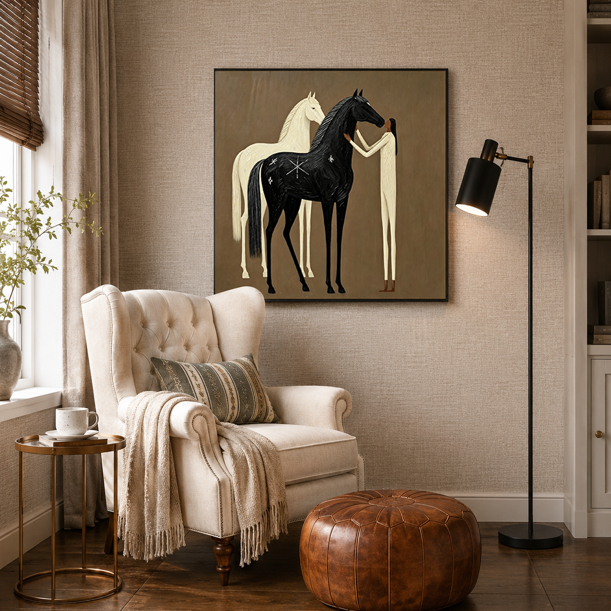 Moonlit Companions – Boho Folk Black and White Horse Oil Painting