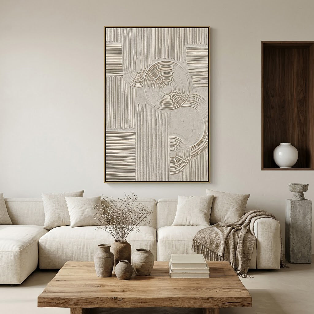 "Quiet Rhythm" – Wabi Sabi White Geometric Textured Painting