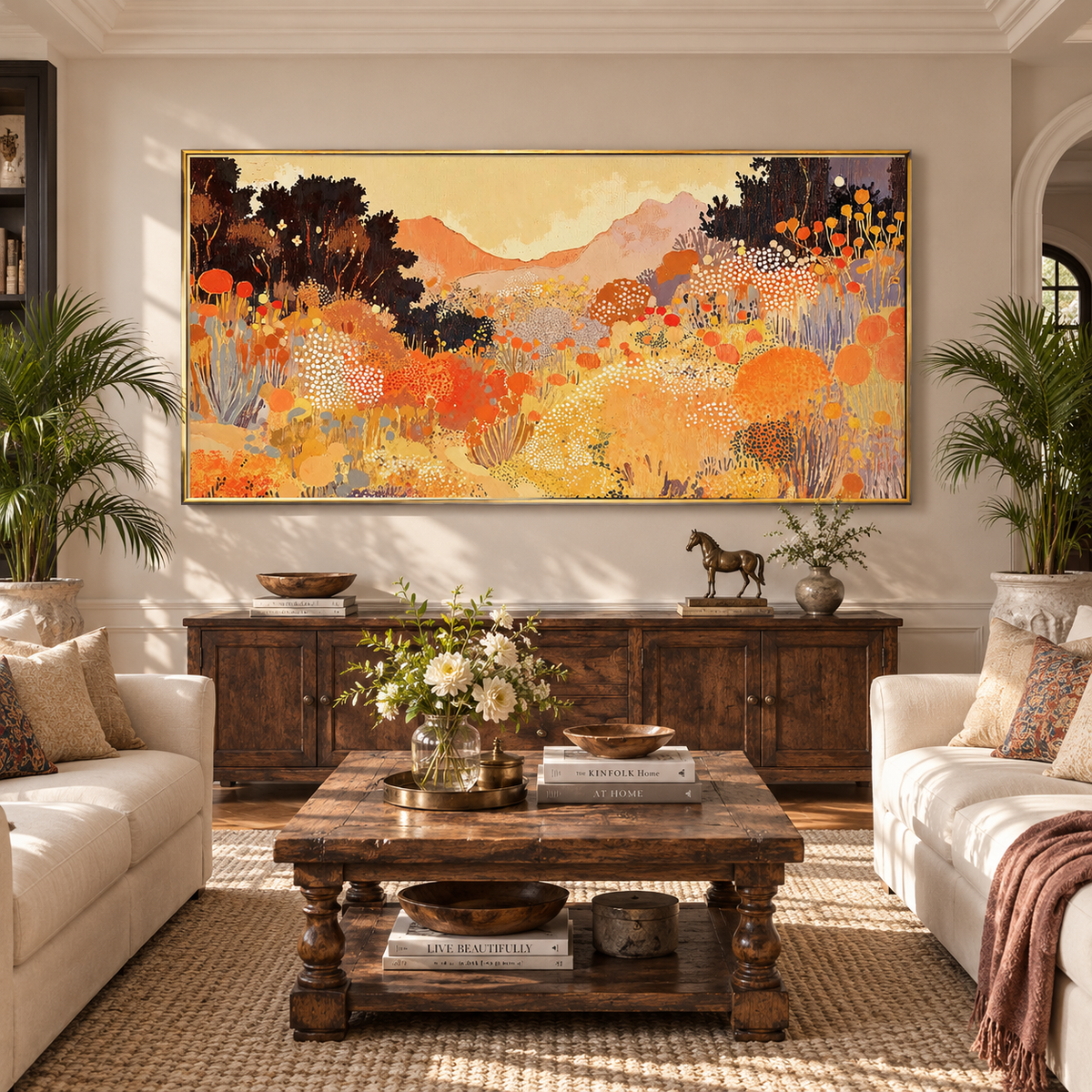 "Golden Meadow" – Post-Impressionist Warm Floral Landscape Acrylic Painting
