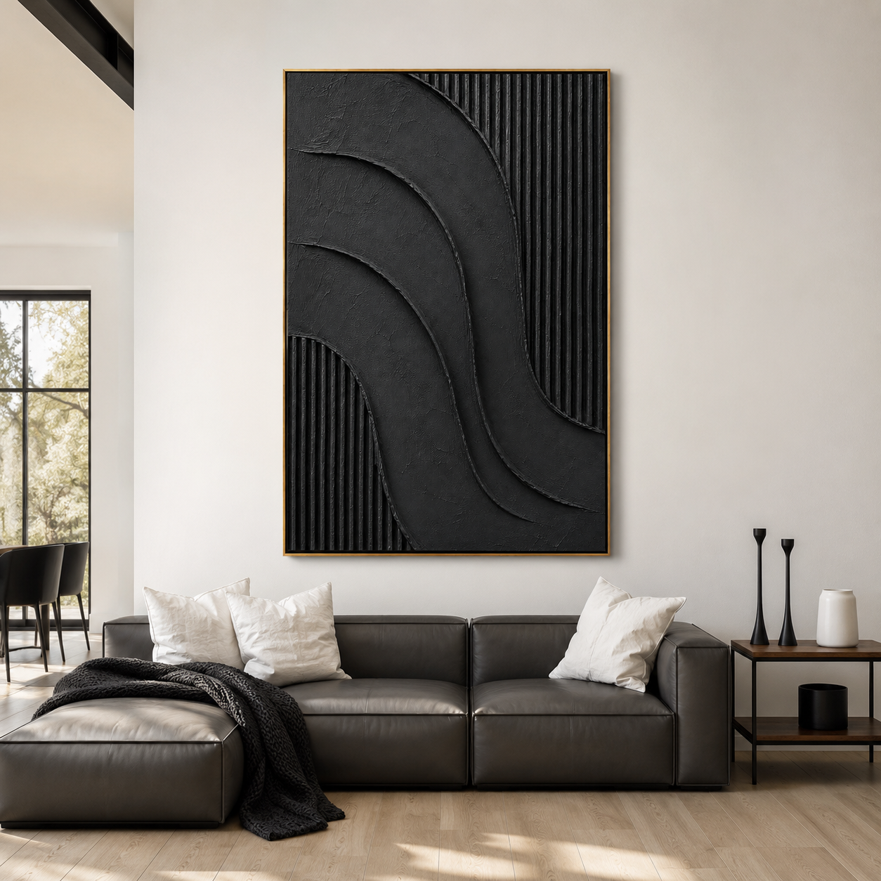 "Noir Current" – Black Wabi Sabi Abstract Textured Wall Art