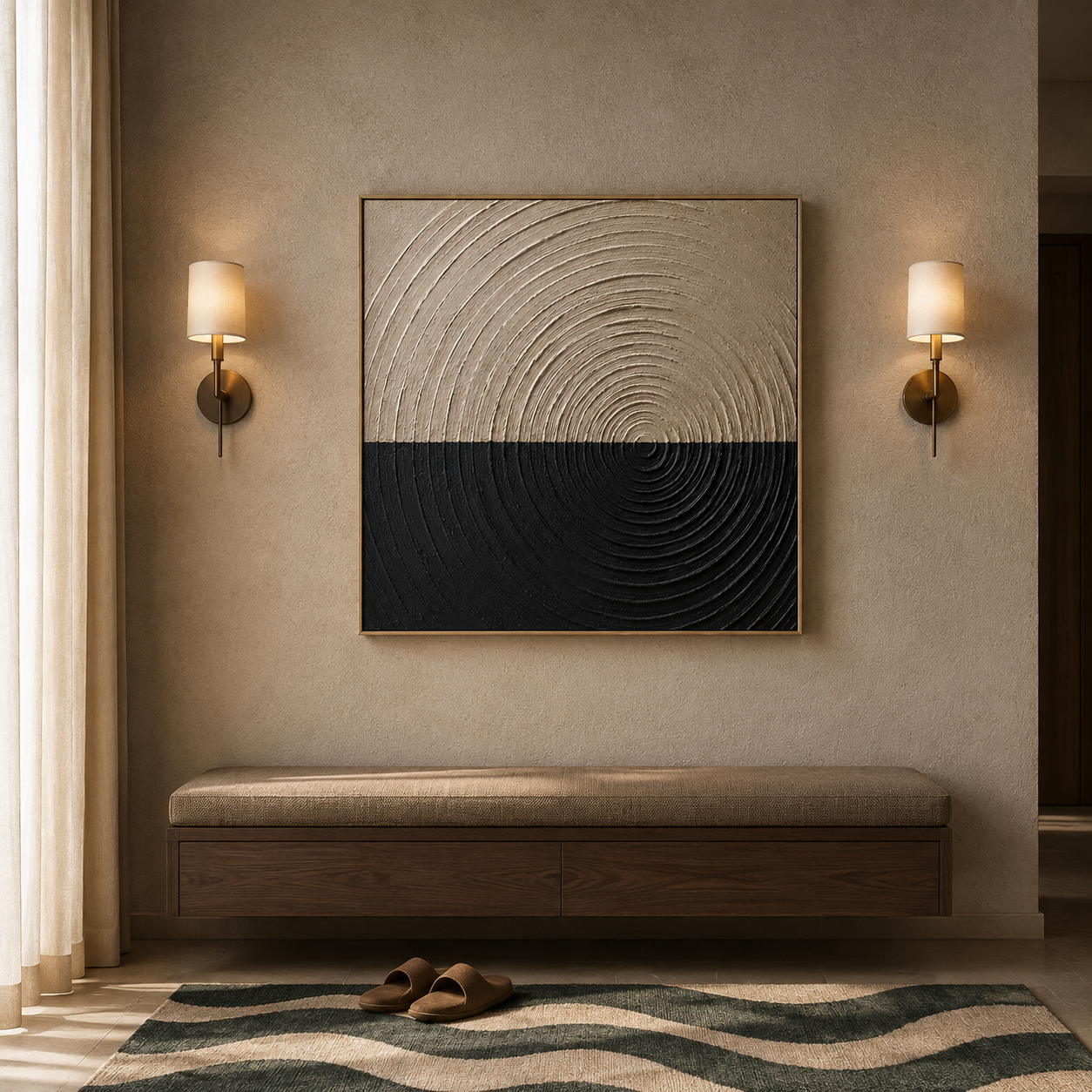"Whispers of Time" – Wabi-Sabi Beige & Black Concentric Textured Acrylic Canvas