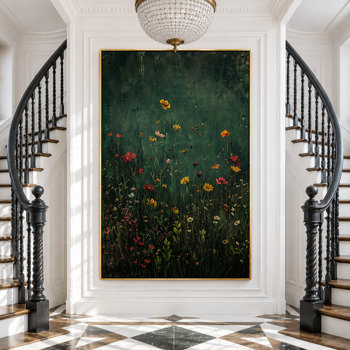 "Midnight Meadow" – Moody Dark Green Botanical Wildflower Oil Painting