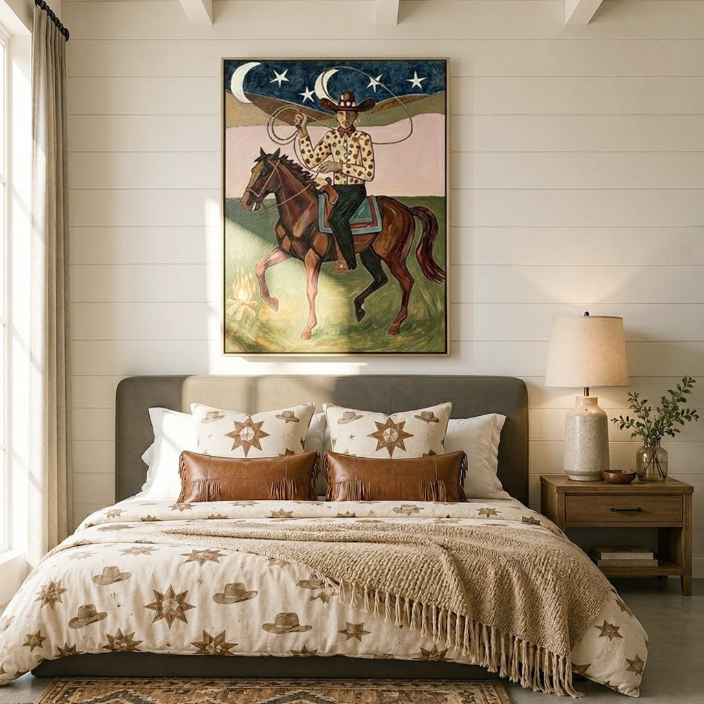 “Starlit Rodeo” – Vintage Western Cowboy Horse Oil Painting