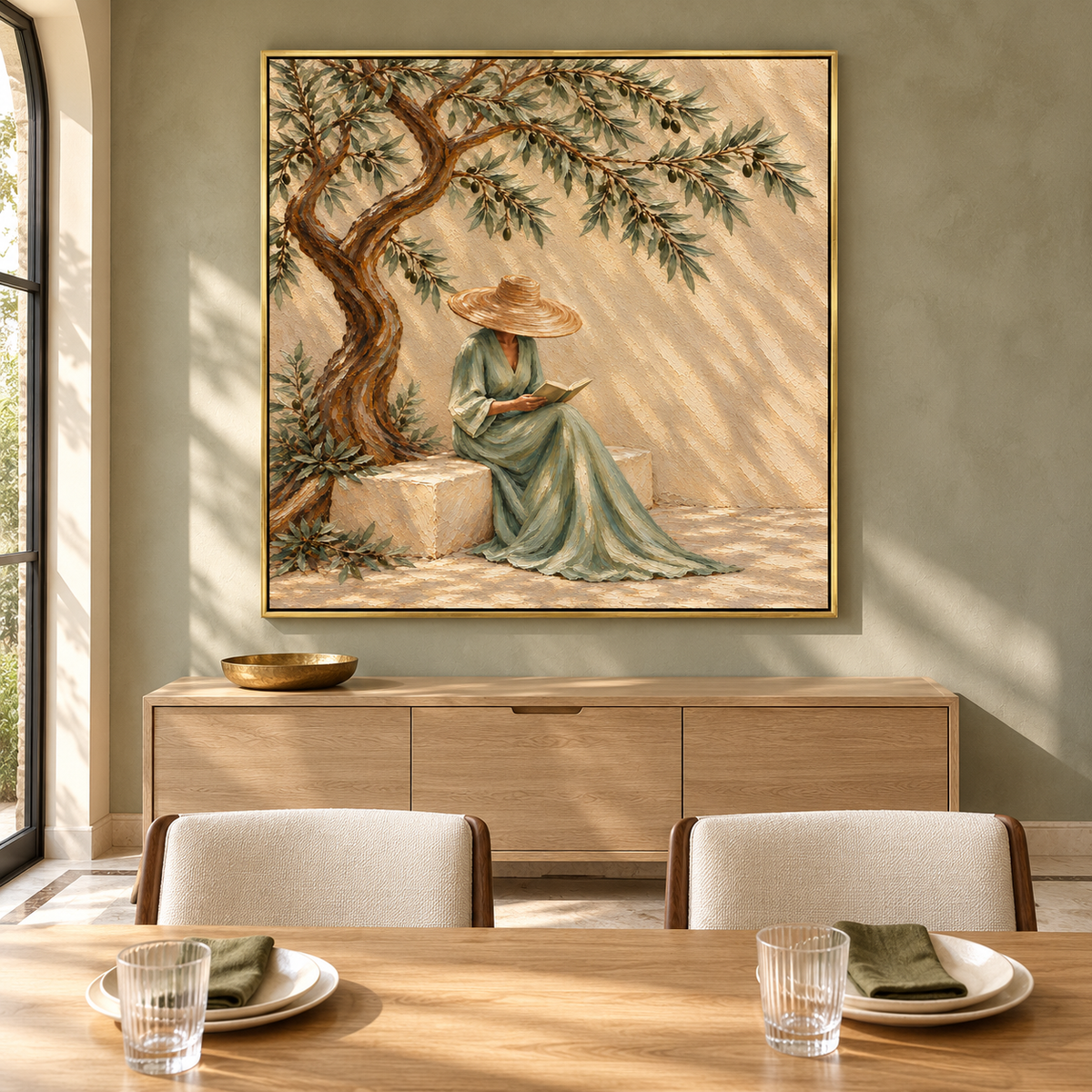 "Serenade in Olive Shade" – Mediterranean Wabi-Sabi Sage Green Lady Reading Textured Acrylic Painting