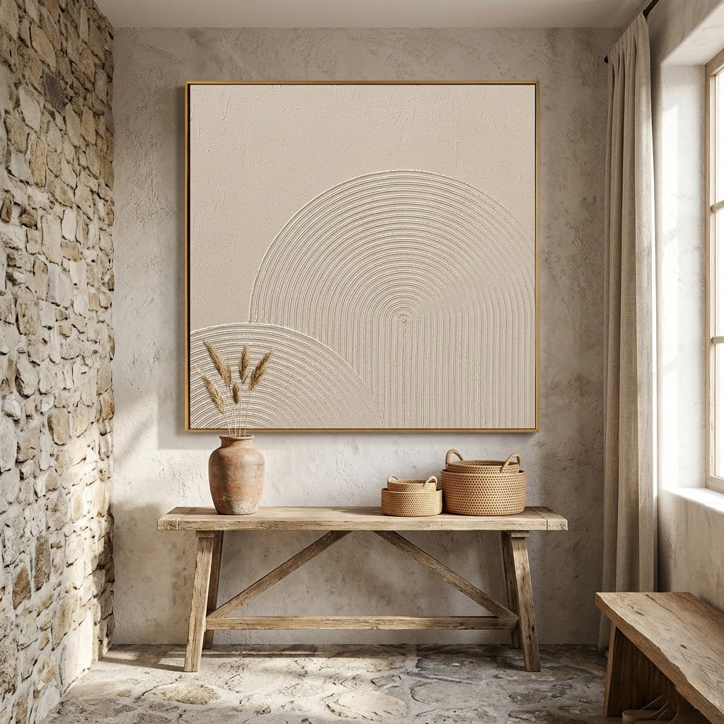 "Arched Stillness" – Wabi Sabi Cream Geometric Textured Painting