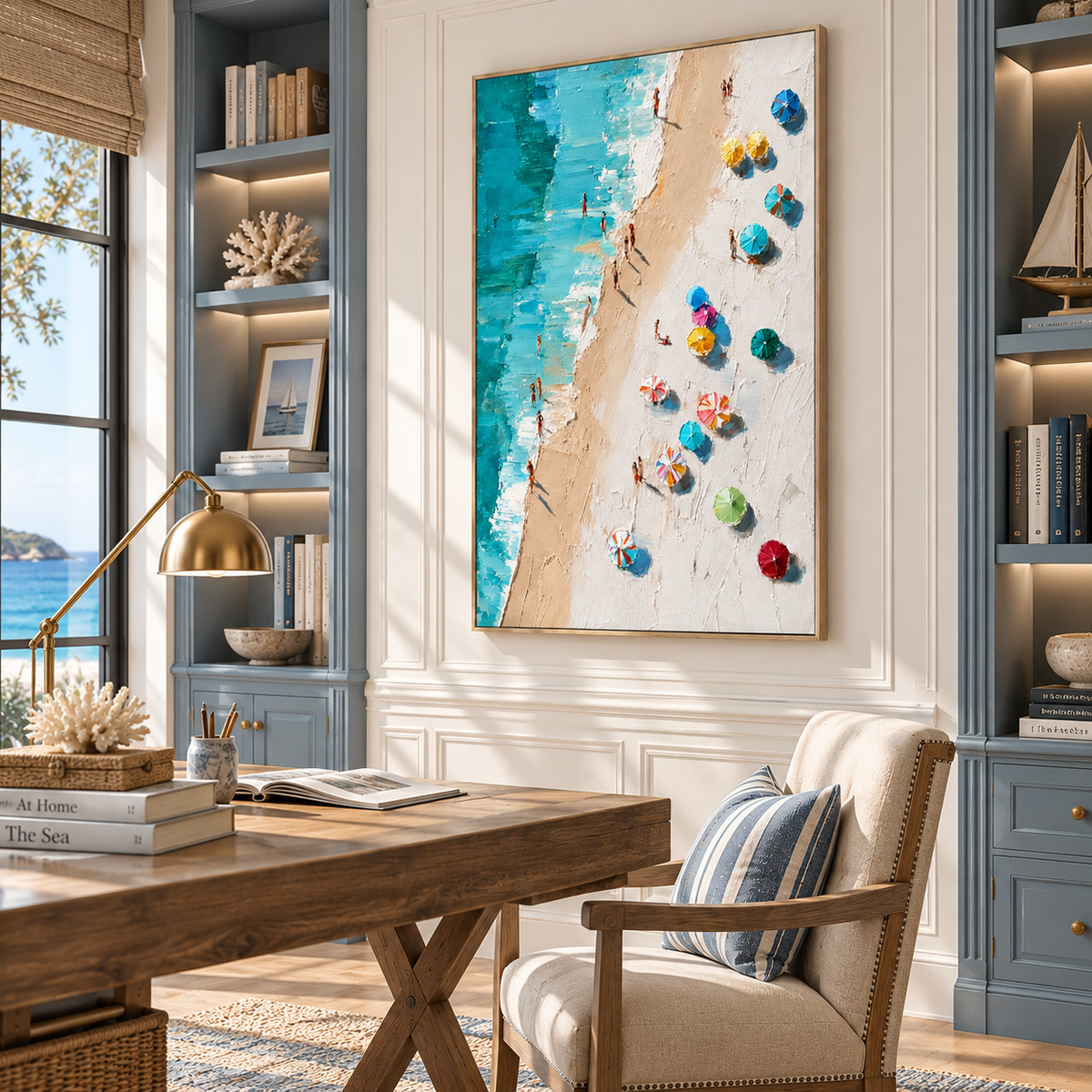 "Azure Haven" – Aerial Beach Parasol Impressionist Textured Oil Painting