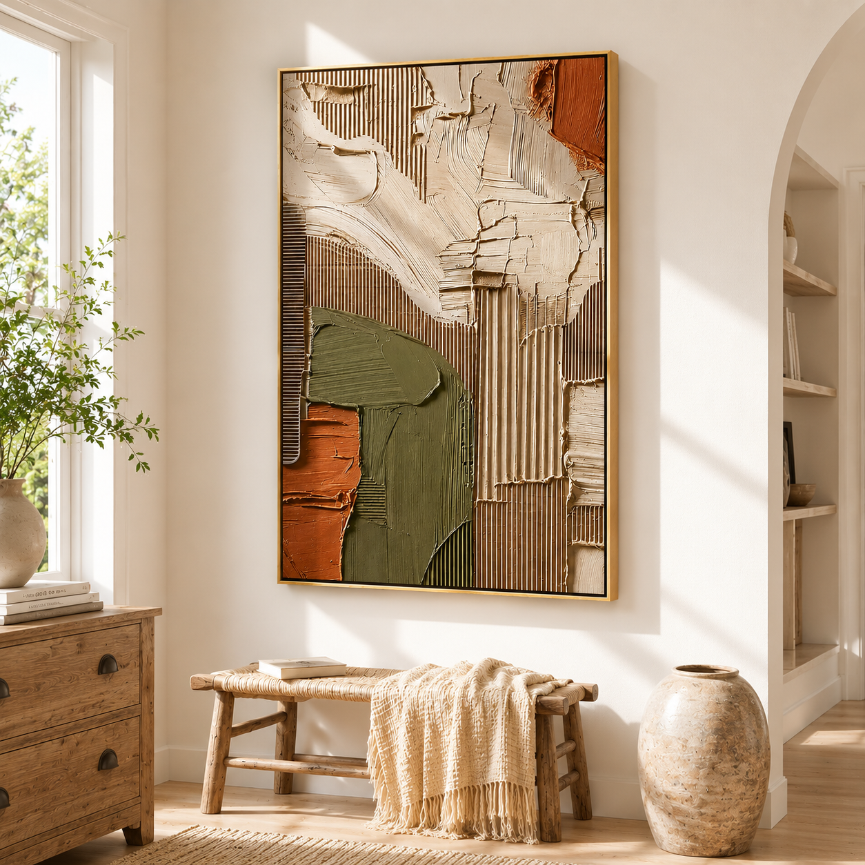 "Earthen Facade" – Olive Green Terracotta Textured Abstract Painting