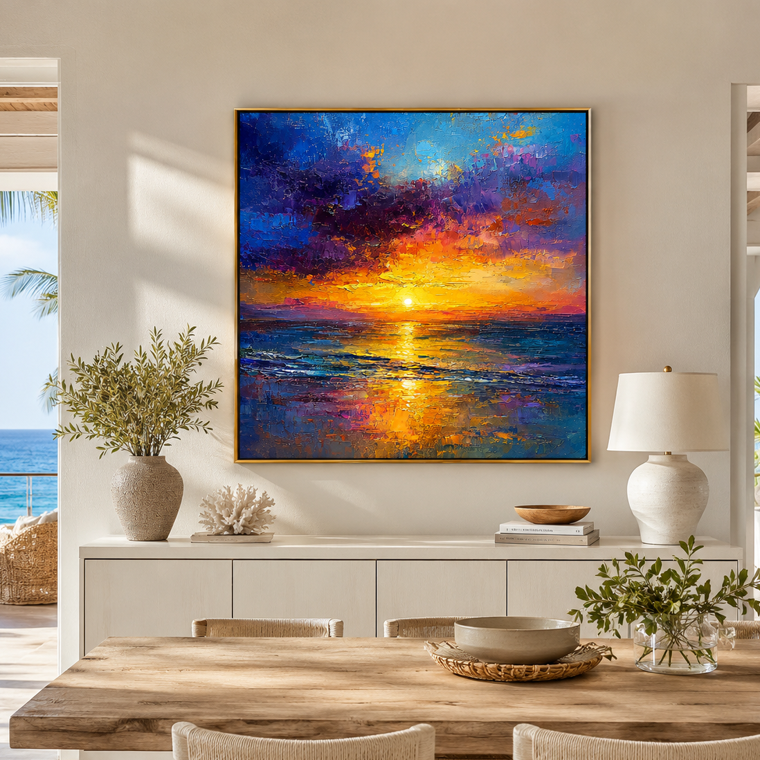 "Sunset Reverie" – Colorful Ocean Sunset Textured Oil Painting