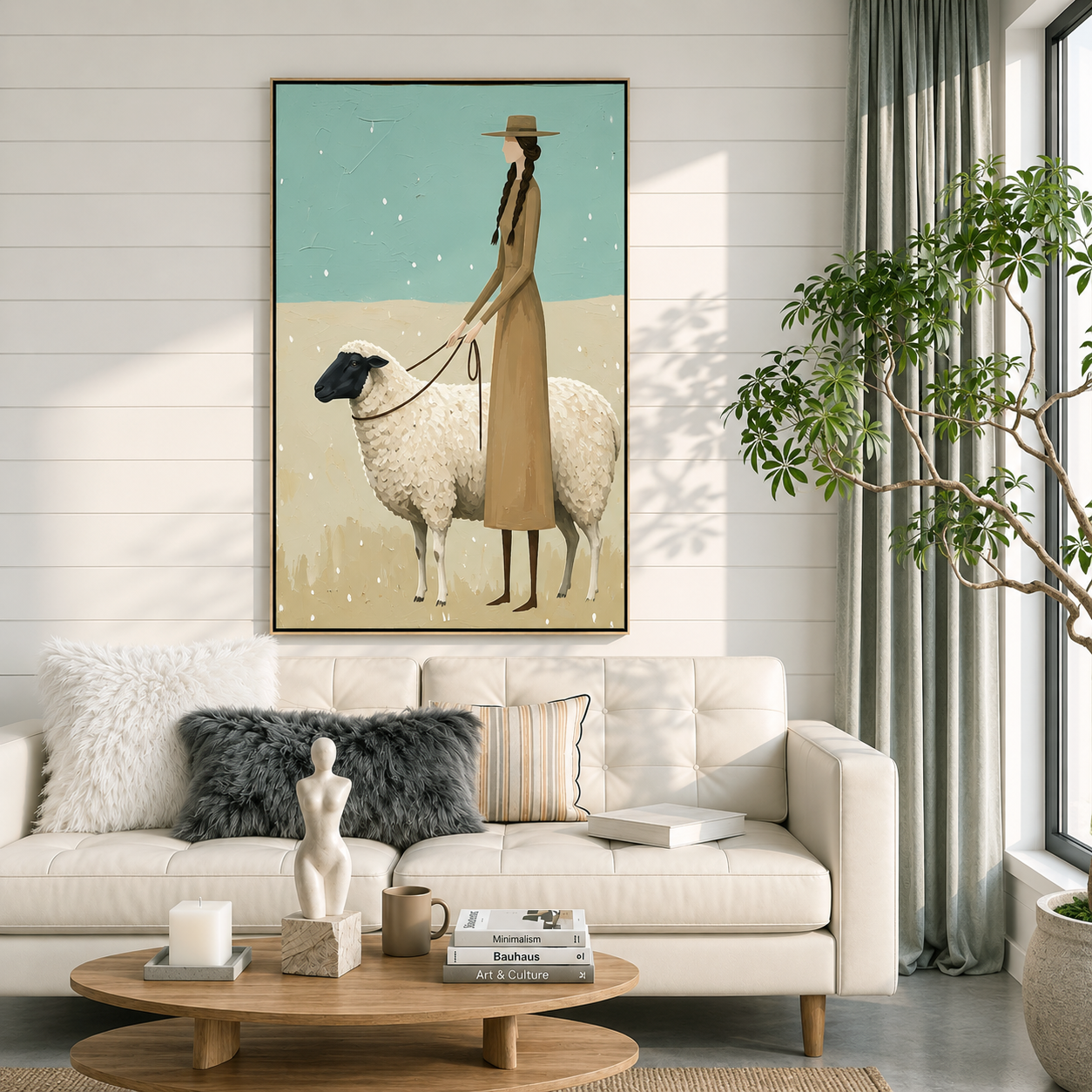 “Quiet Shepherdess” – Sage Green Pastoral Sheep Oil Painting