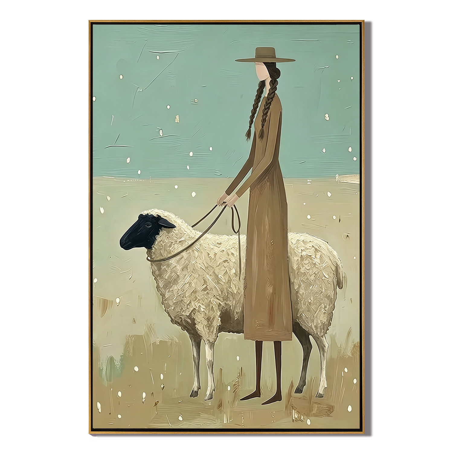 “Quiet Shepherdess” – Sage Green Pastoral Sheep Oil Painting
