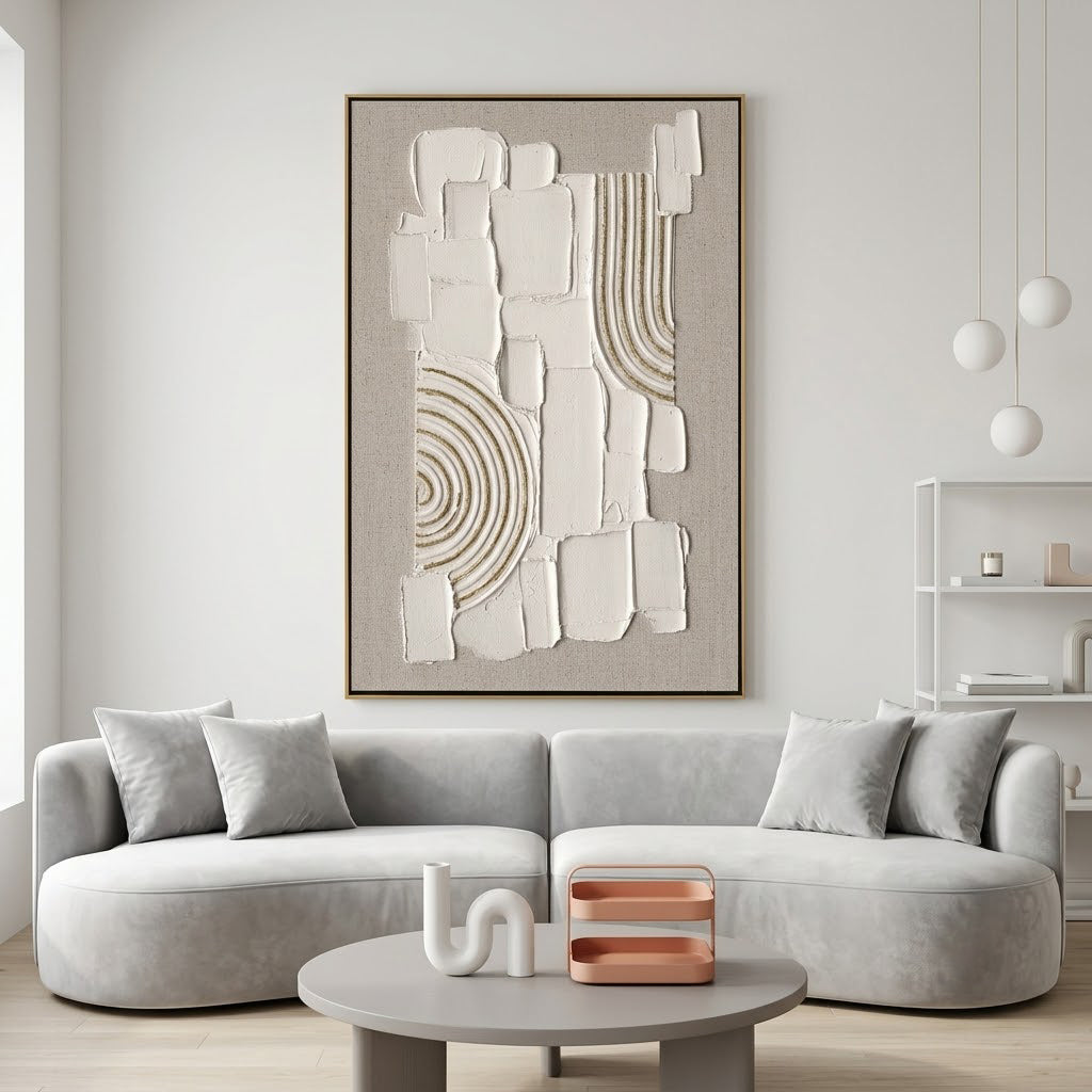 "Gilded Stillness" – Wabi Sabi White Geometric Textured Painting