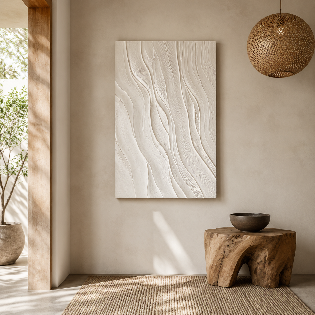 "Silent Rhythms" – Minimalist White Plaster Relief Abstract Painting