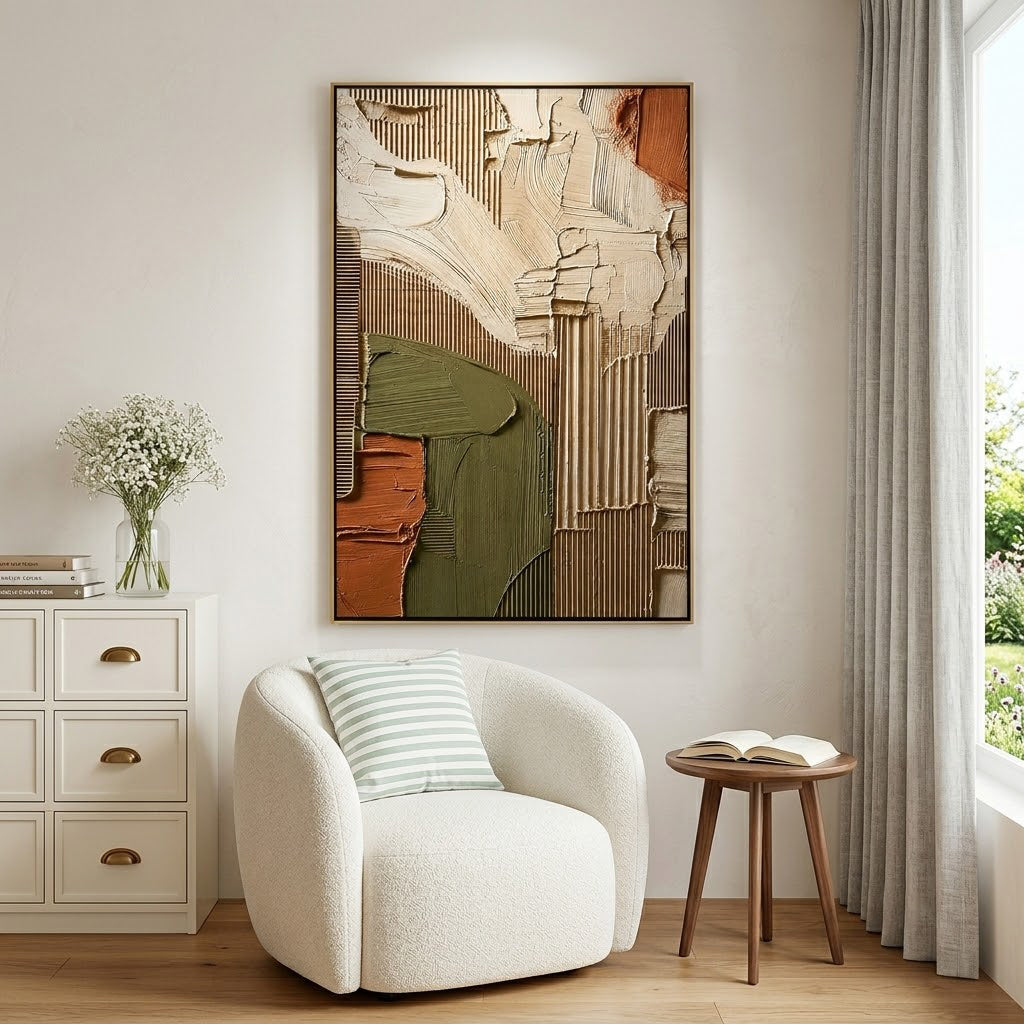 "Earthen Facade" – Olive Green Terracotta Textured Abstract Painting