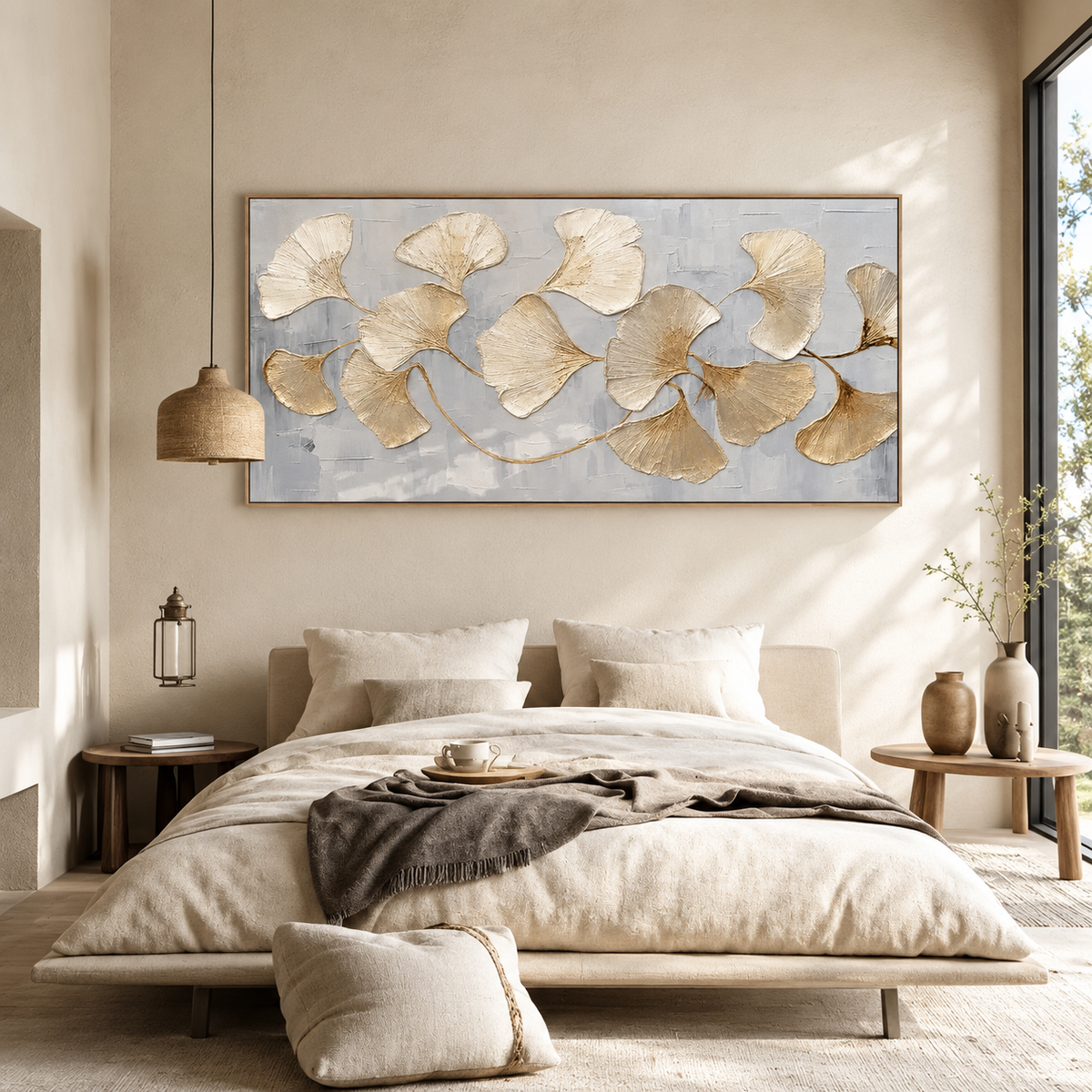 "Whispers of Autumn" – Modern Champagne Gold Ginkgo Leaf 3D Textured Acrylic Painting
