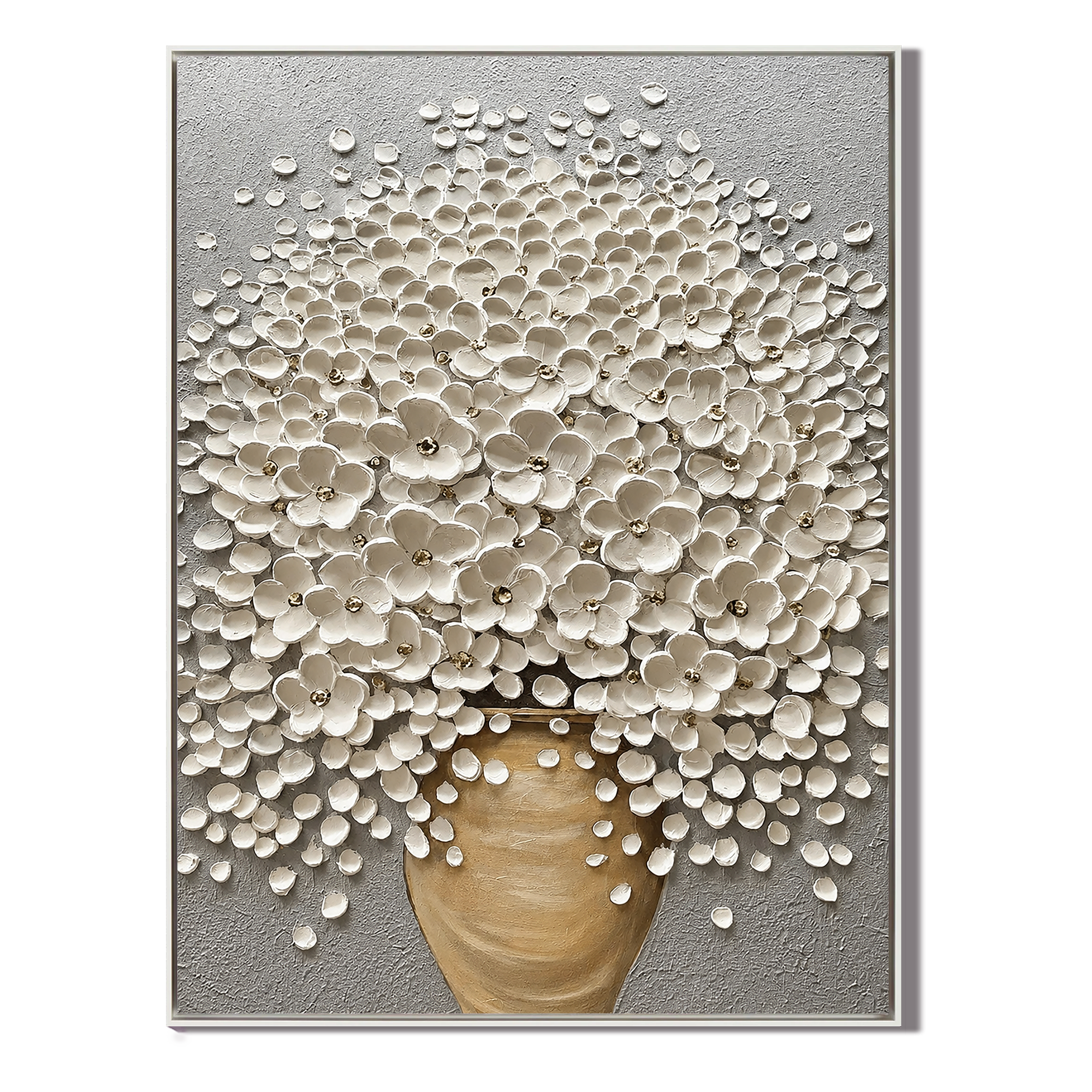 "Ivory Blossom Grace" – White Floral Vase Textured Oil Painting