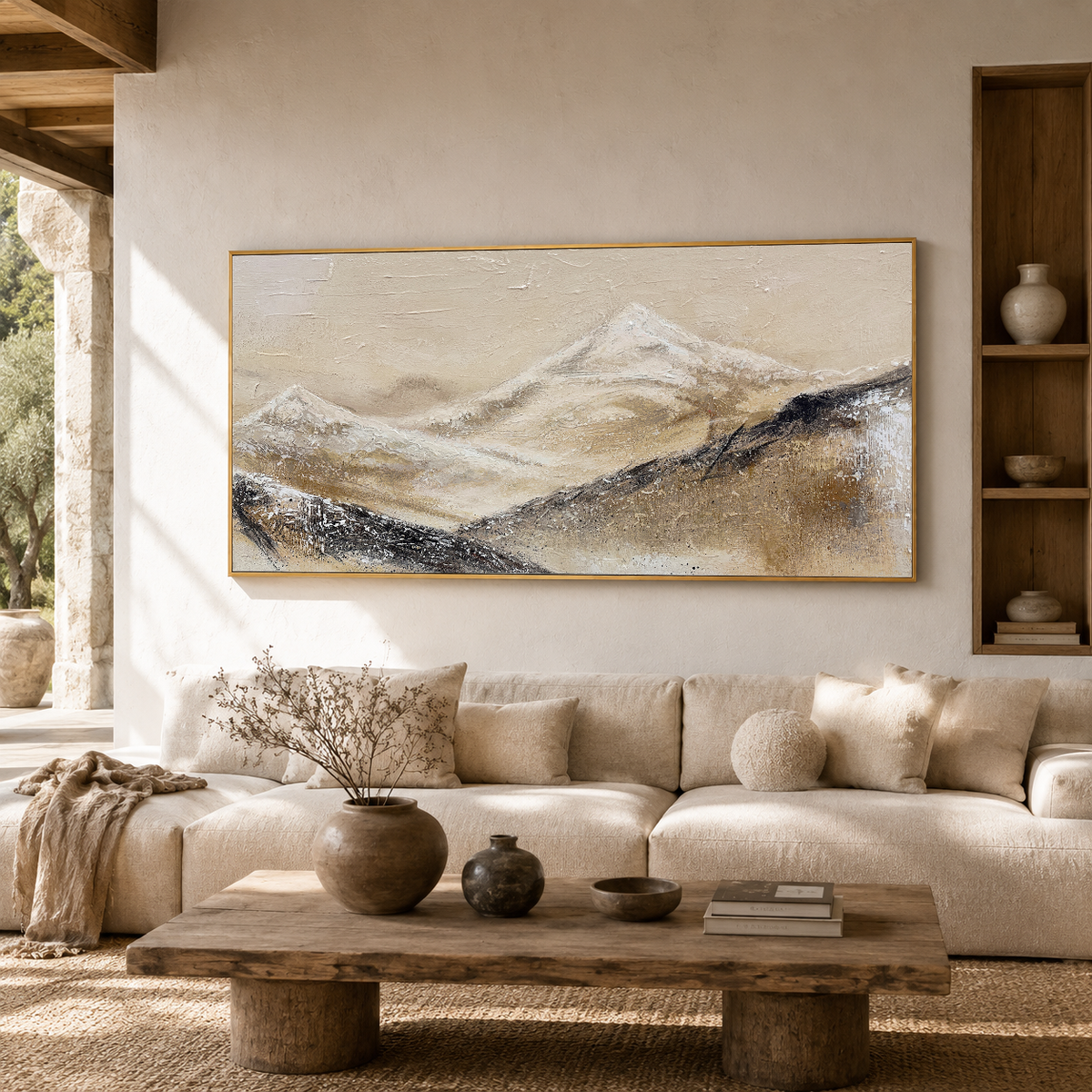 “Silent Mountain Trace” – Wabi-Sabi Beige Abstract Landscape Hand-Painted Canvas Art