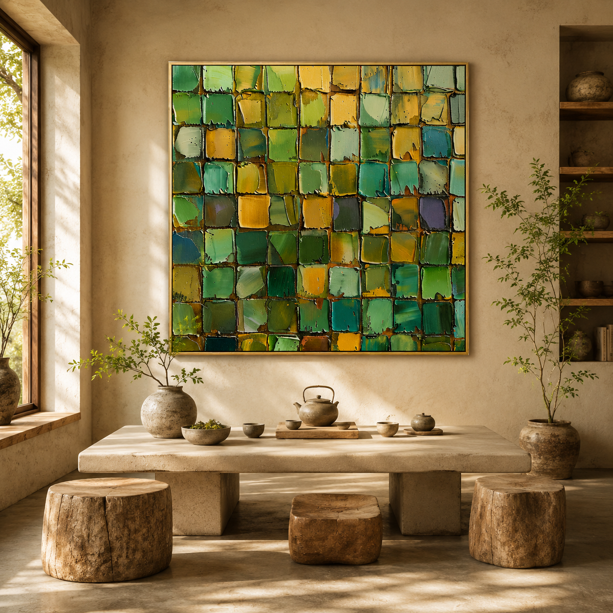"Verdant Mosaic" – Green Gold Textured Abstract Painting
