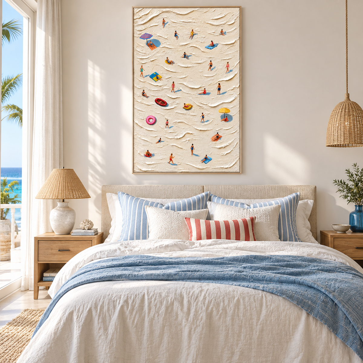 "Sunlit Drift" – Coastal Aerial Swimmer Textured Oil Painting