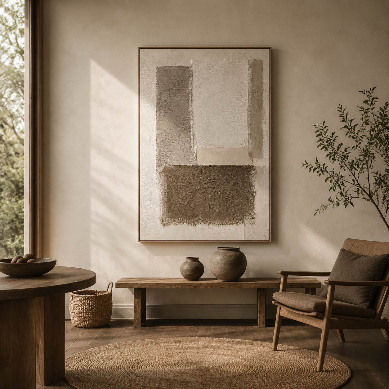 "Tranquil Foundations" – Wabi-Sabi Earth Tone Geometric Relief Painting