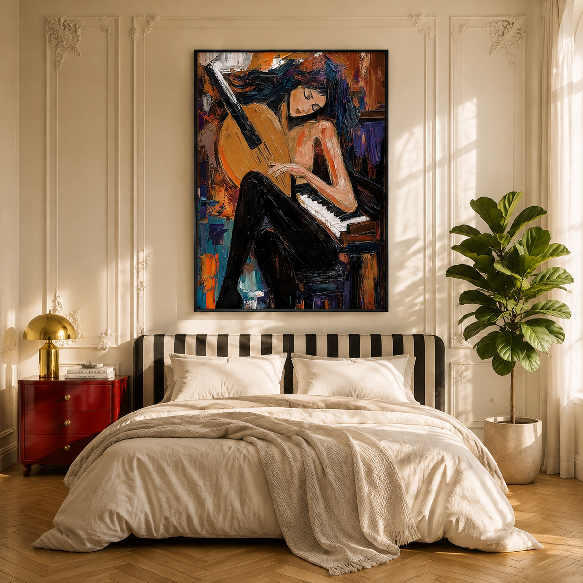 "Midnight Sonata" – Modern Figurative Musician Amber Impasto Oil Painting