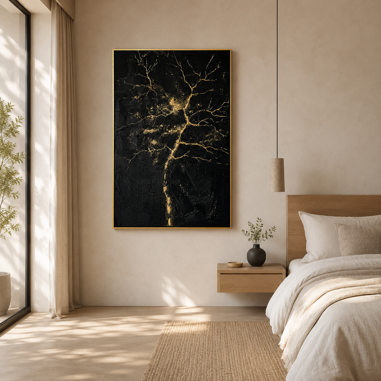 "Gilded Veins" – Black Gold Tree Textured Abstract Painting