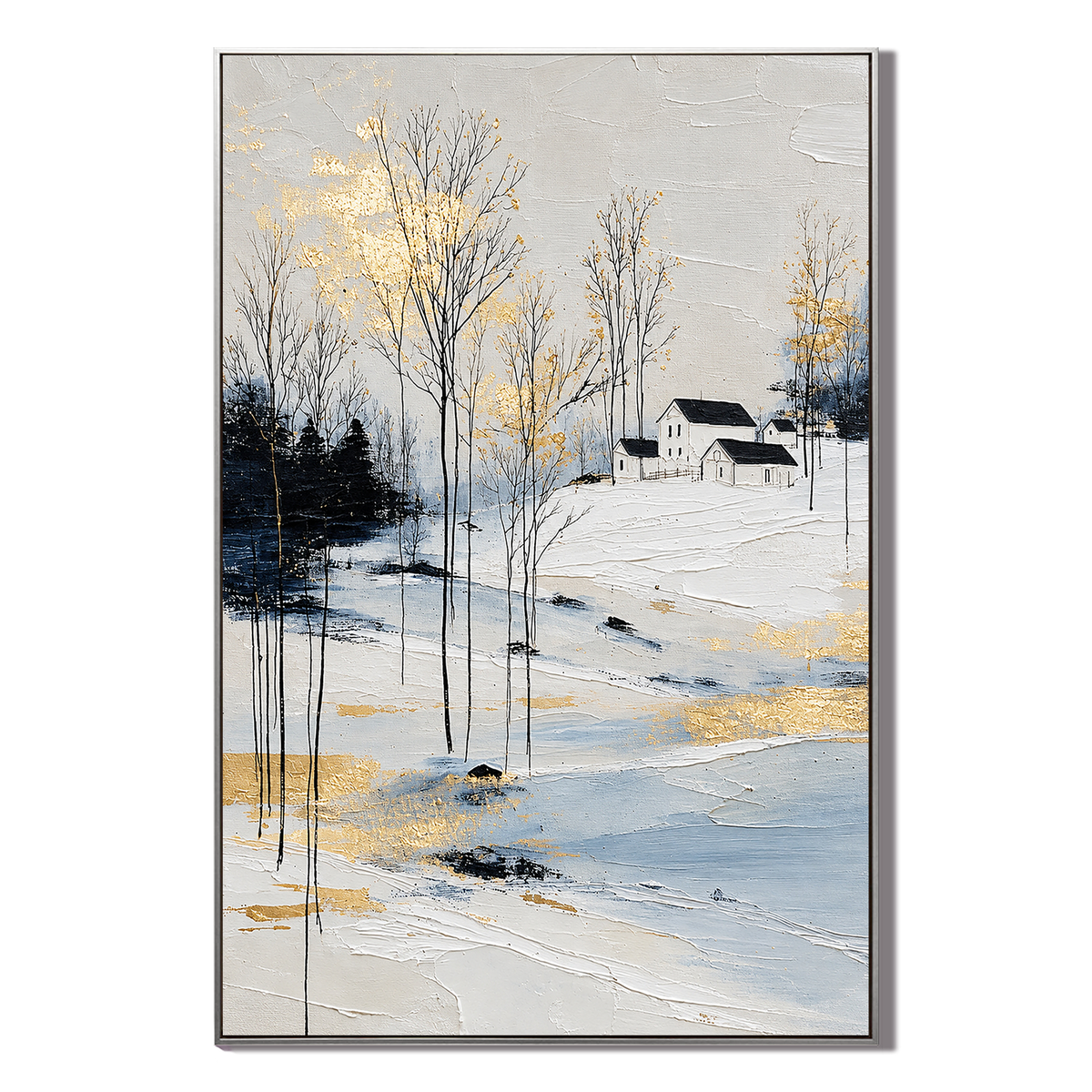 "Silent Snow" – Modern Gold Leaf Winter Village Textured Acrylic Painting
