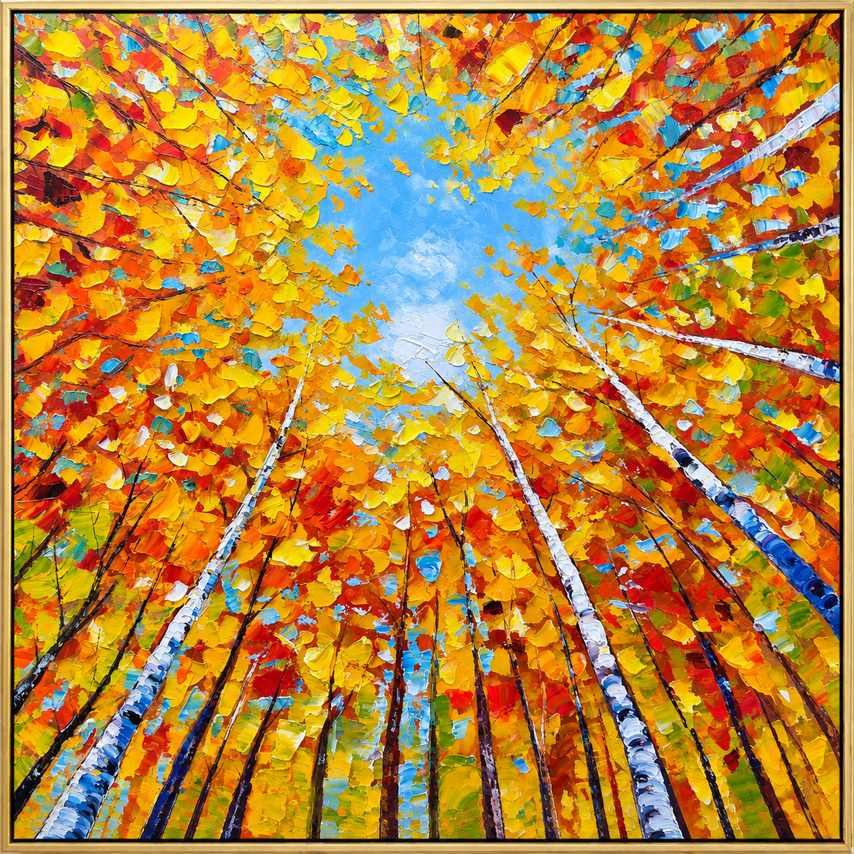 "Canopy of Light" – Impressionist Birch Forest Upward View Textured Oil Painting