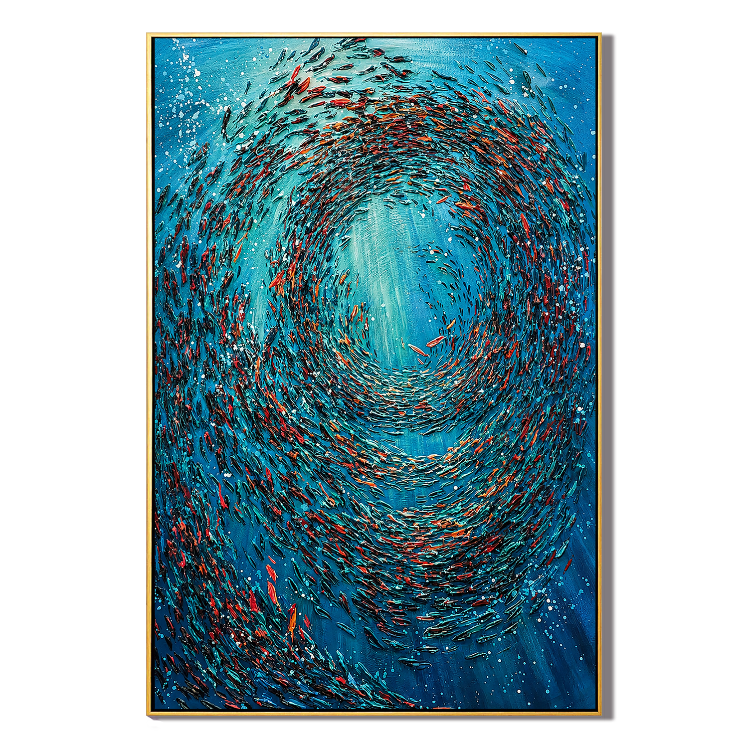 "Ocean Vortex" – Blue Abstract Fish School Textured Oil Painting