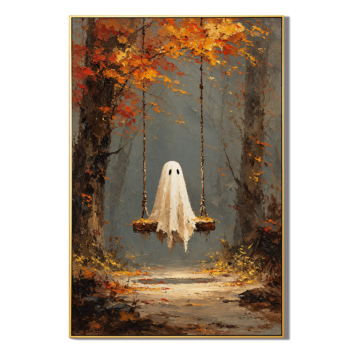 "The Autumn Swing" – Whimsical Ghost in Forest Autumn Textured Impasto Oil Painting