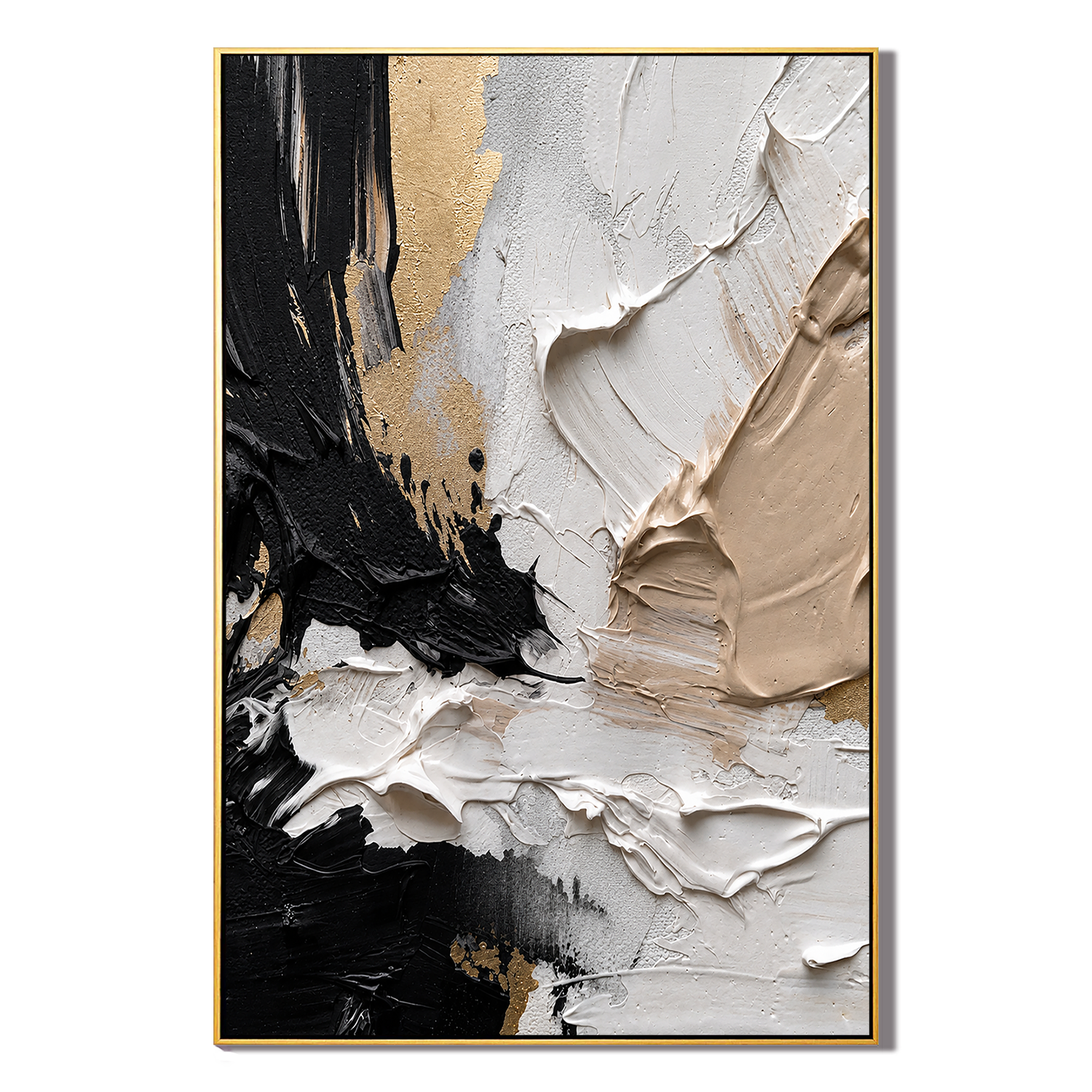 "Gilded Contrast" – Black White Gold Textured Abstract Painting