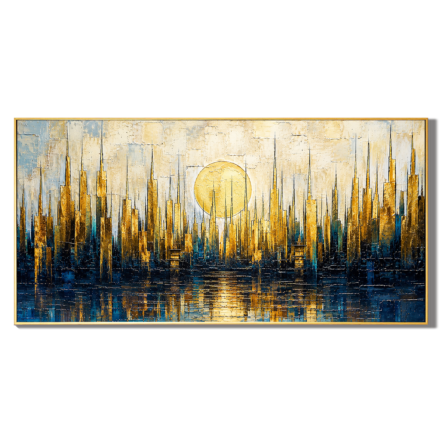 “Golden Metropolis” – Blue Gold Cityscape Impasto Oil Painting