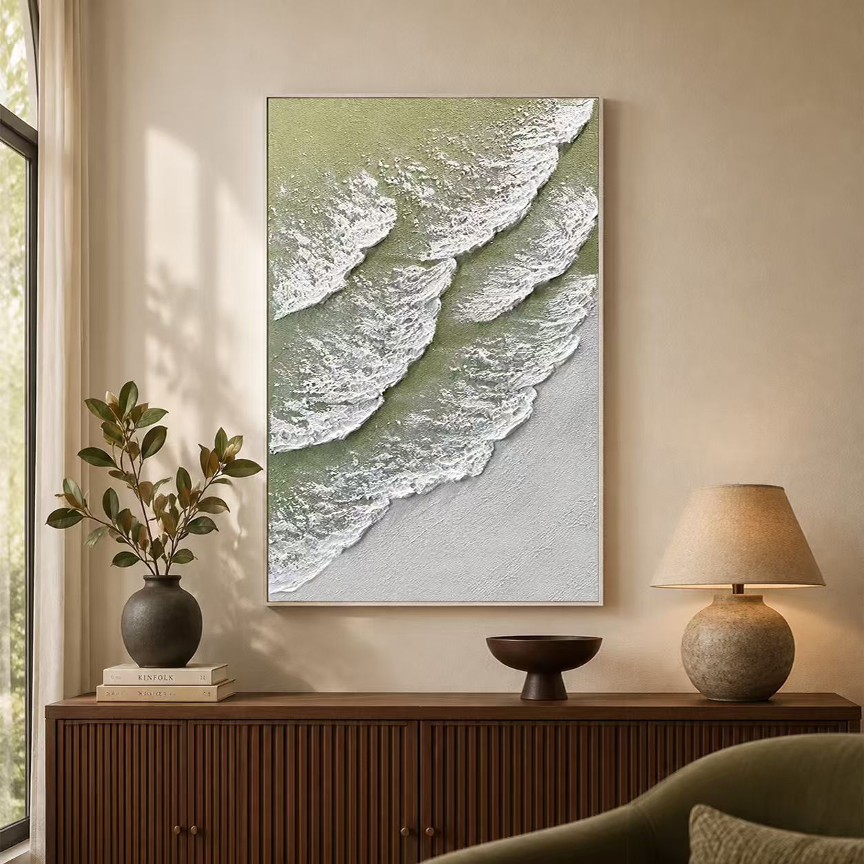 "Romantic Tides"—A Minimalist Coastal Acrylic Painting with Sage Green Textured Waves