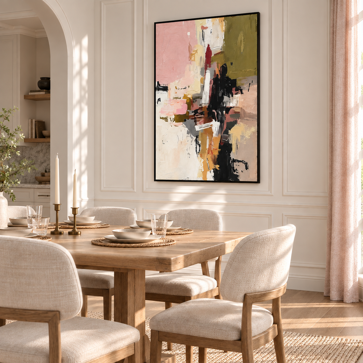 "Silent Momentum" – Modern Abstract Expressionist Pink & Olive Acrylic Painting