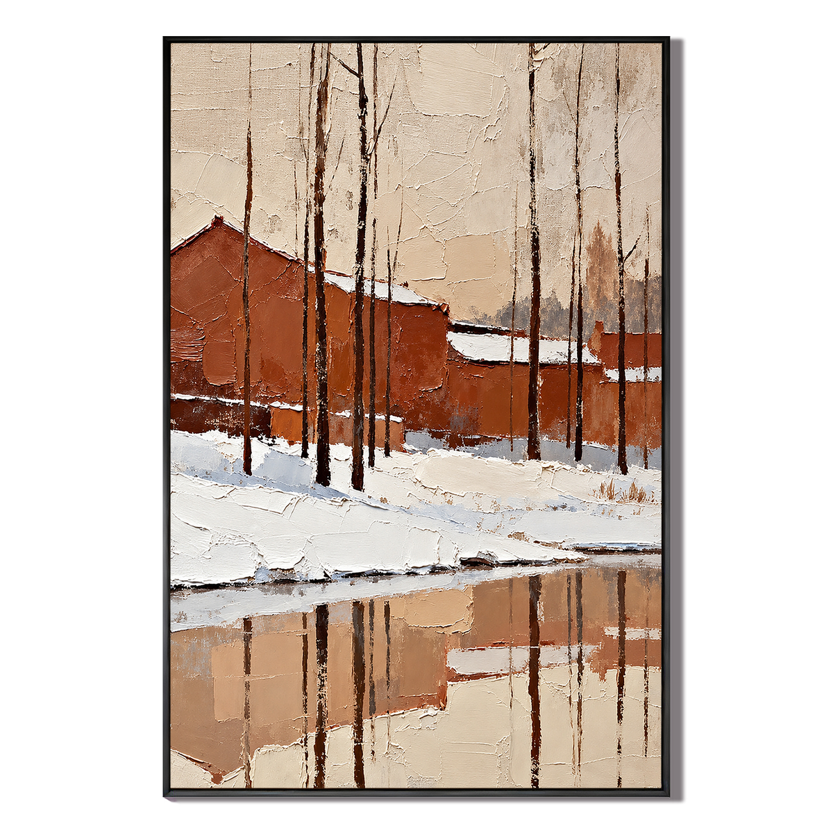 "Red Pottery Glacier" – Rustic Terracotta Village Winter Textured Palette Knife Painting