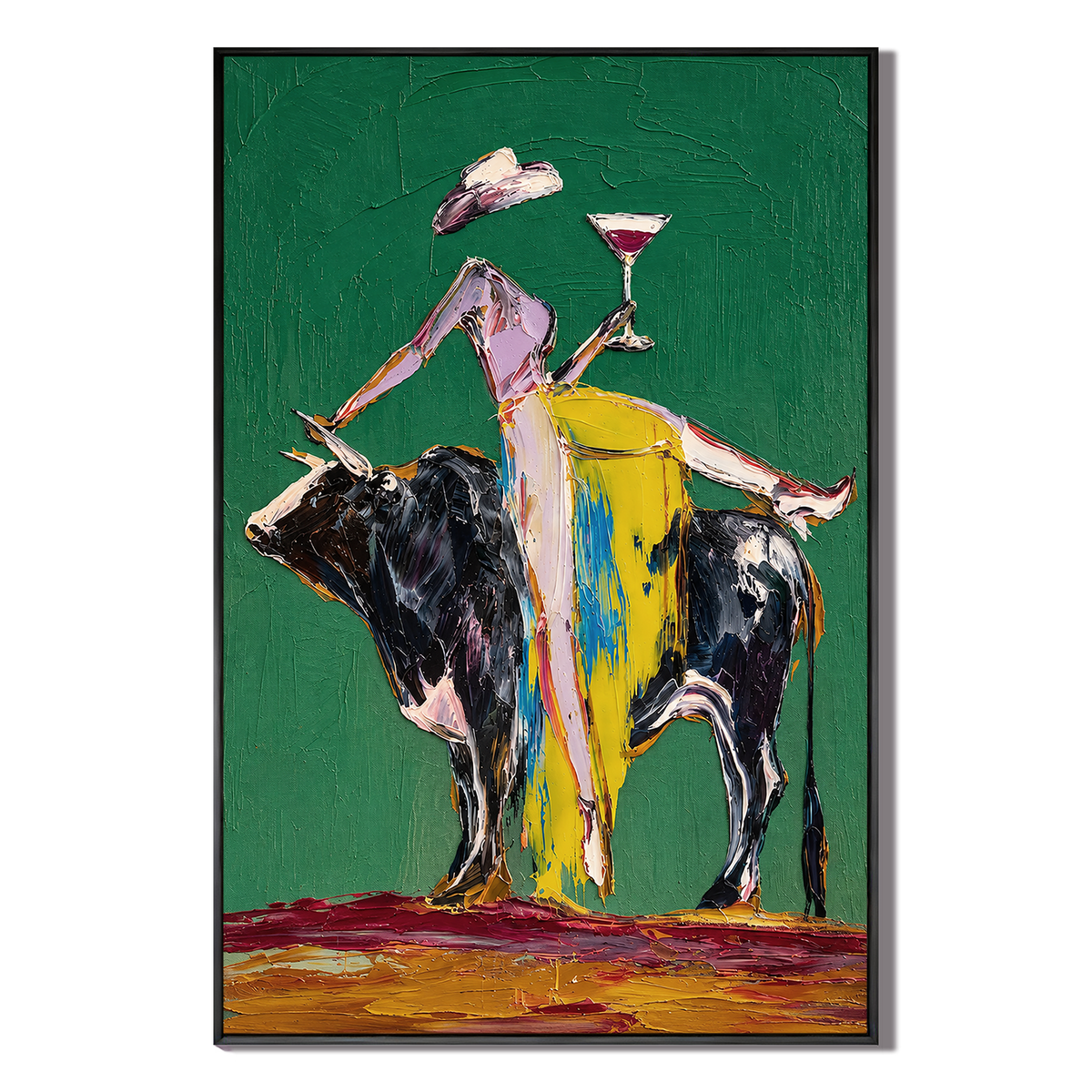"Rodeo Euphoria" – Emerald Green Glamour Cowgirl Bull Impasto Oil Painting